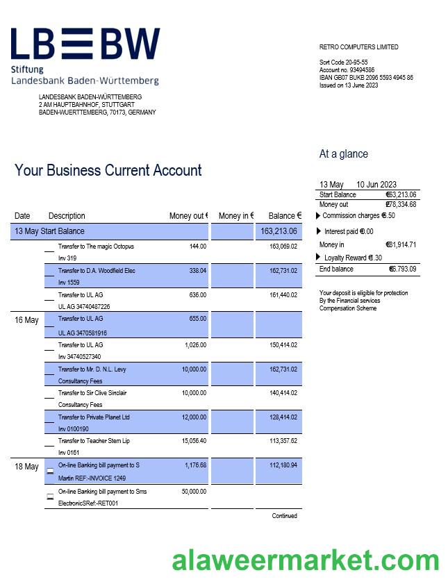 Landesbank Baden-Wurttemberg enterprise account statement Word and PDF template